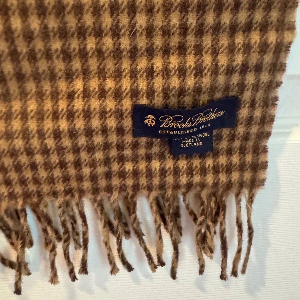 Brooks Brothers Scarf Mens One Size Brown Houndstooth Lambswool Made in Scotland